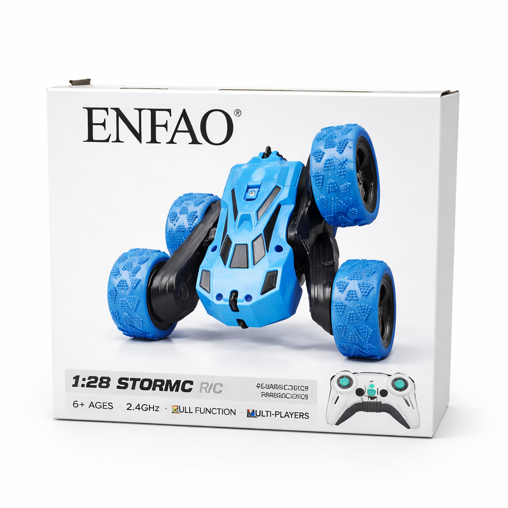 ENFAO 1:28 Storm RC Stunt Car – 2.4GHz Wireless 360° Rotating Off-Road Crawler with All-Terrain Wheels for Kids