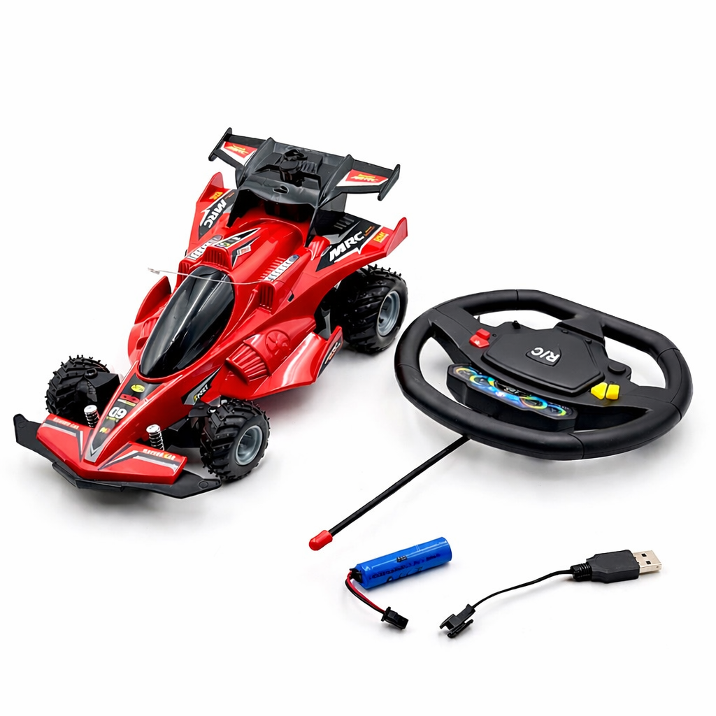 X-Speed RC Formula Racing Car with Spray Function – Steering Wheel Remote Control Car with LED Lights & Rechargeable Battery