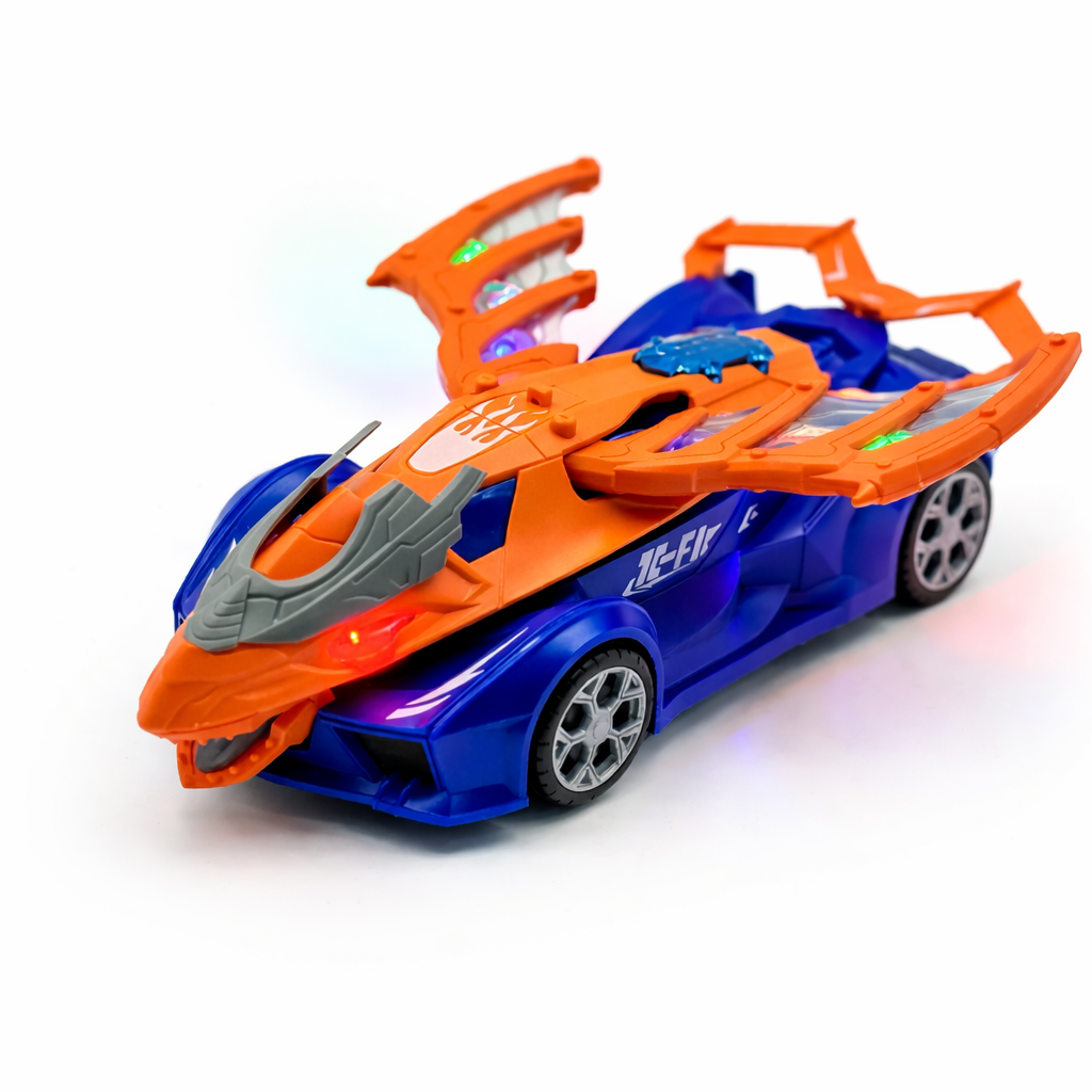Mechanical Pterosaur Transforming Car Toy with Lights & Sound | 360° Rotating Dinosaur Car with Auto Transformation for Kids