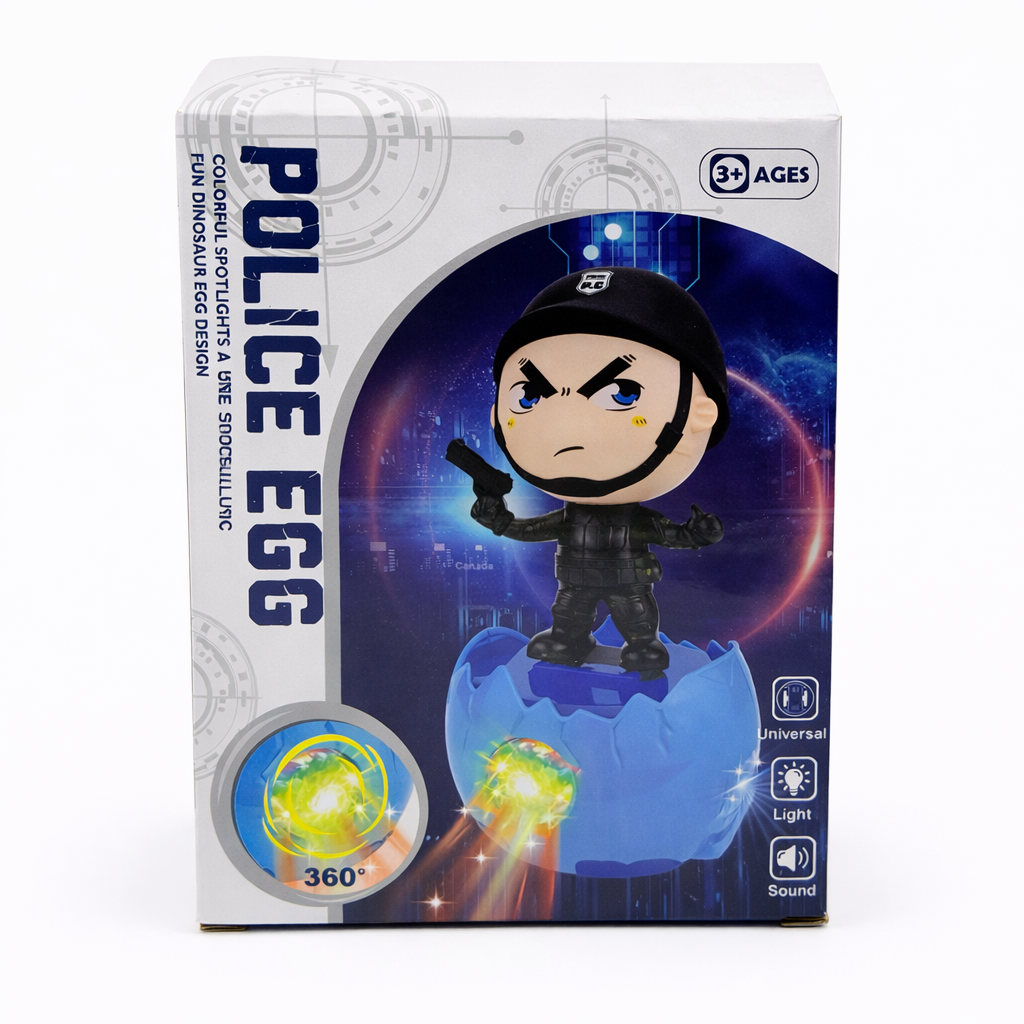 Police Egg Toy with 360° Lights & Music | Rotating Action Police Figure Toy for Kids (3+ Years)
