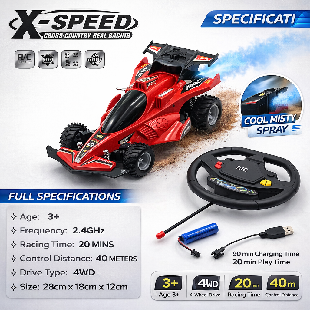 X-Speed RC Formula Racing Car with Spray Function – Steering Wheel Remote Control Car with LED Lights & Rechargeable Battery