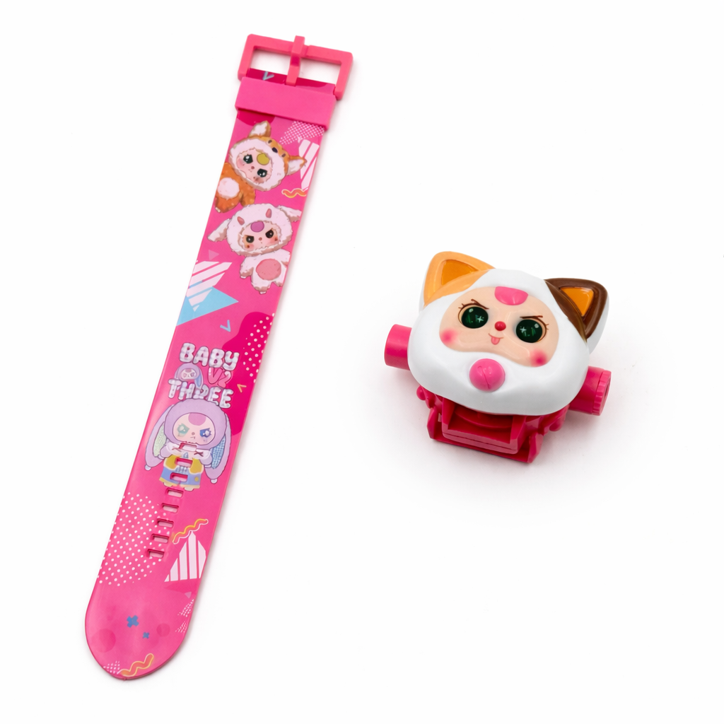 Kids Cartoon Projection Watch Toy | Cute Cat Design LED Projector Watch for Kids | Adjustable Strap Fun Toy Gift
