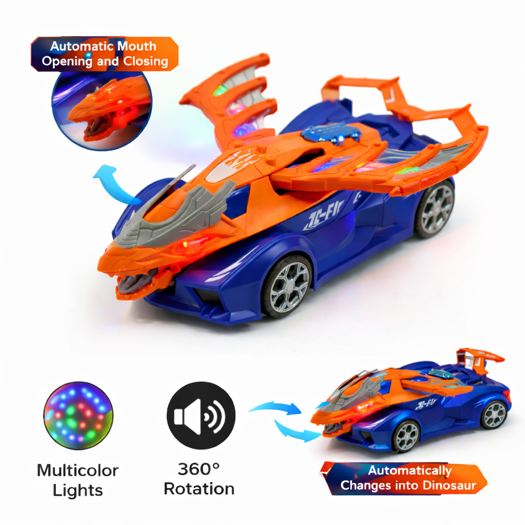 Mechanical Pterosaur Transforming Car Toy with Lights & Sound | 360° Rotating Dinosaur Car with Auto Transformation for Kids