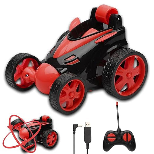 Rotating & Rolling Rechargeable Small Stunt Racing Car Toy Comes with USB Charging Cable & Remote Controller | Red Color, Power Source: Lithium Rechargeable Battery for Car (Included)