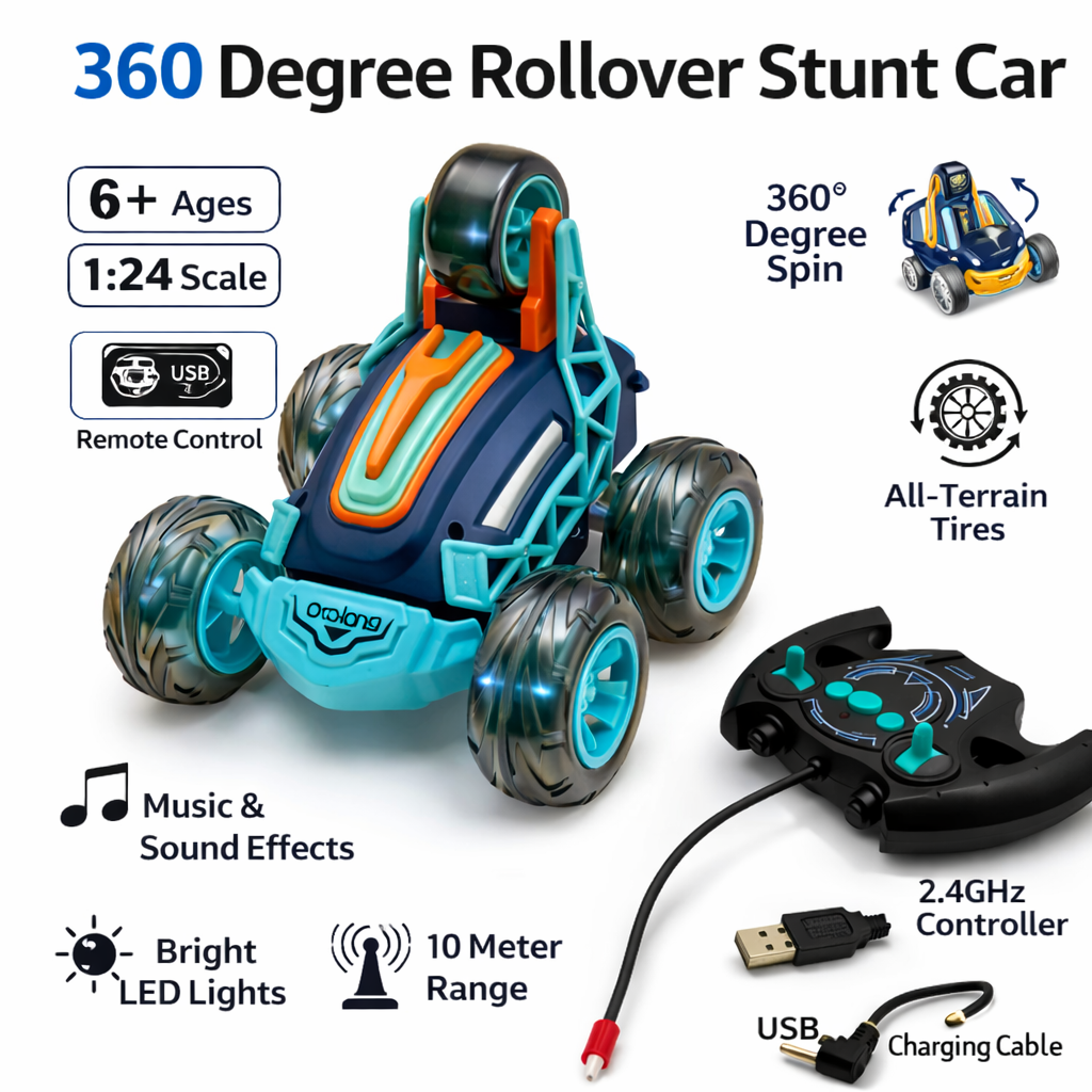 360° Rollover Stunt RC Car for Kids – Double-Sided Remote Control Car with LED Lights & USB Rechargeable Battery