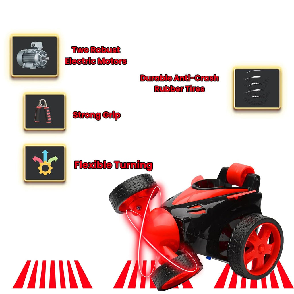 Rotating & Rolling Rechargeable Small Stunt Racing Car Toy Comes with USB Charging Cable & Remote Controller | Red Color, Power Source: Lithium Rechargeable Battery for Car (Included)