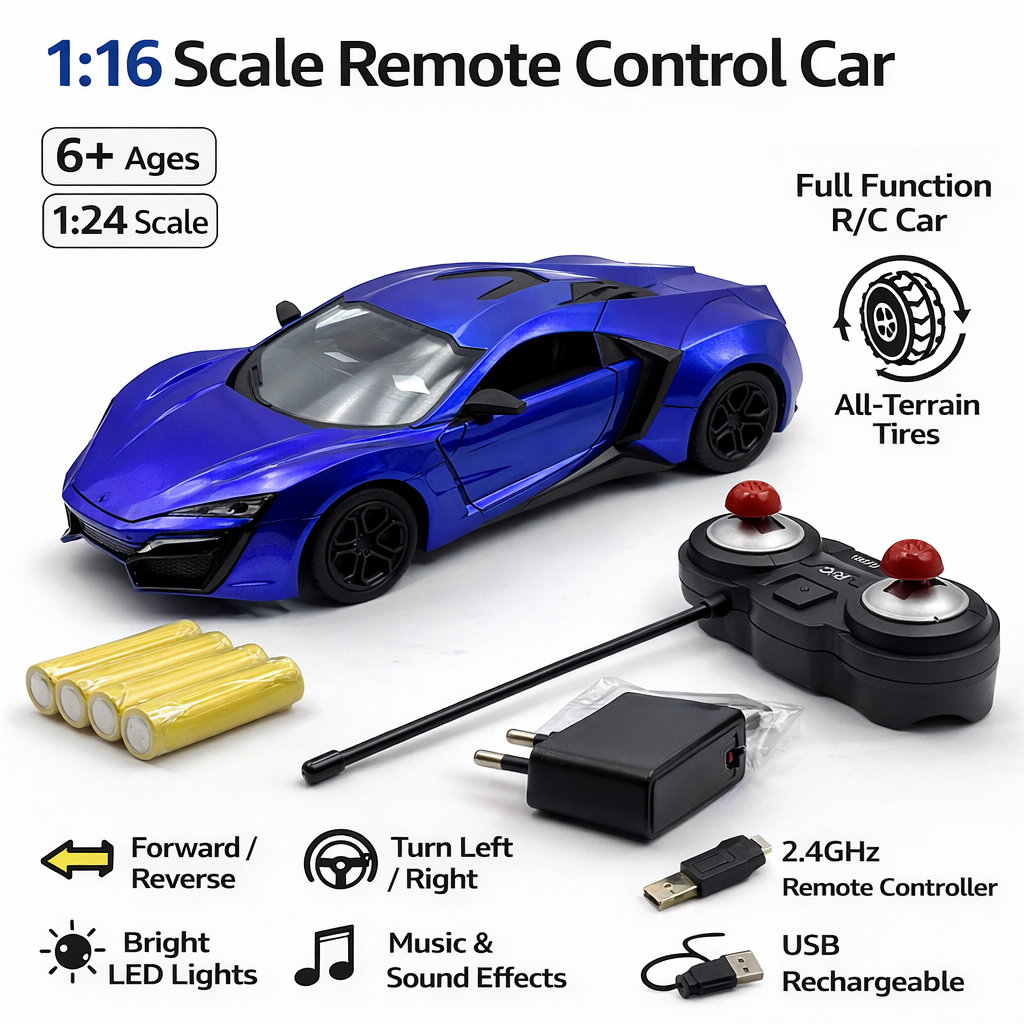1:16 Scale High-Speed RC Sports Car – Remote Control Racing Car with Rechargeable Battery & Long Range Control (Red/Blue)