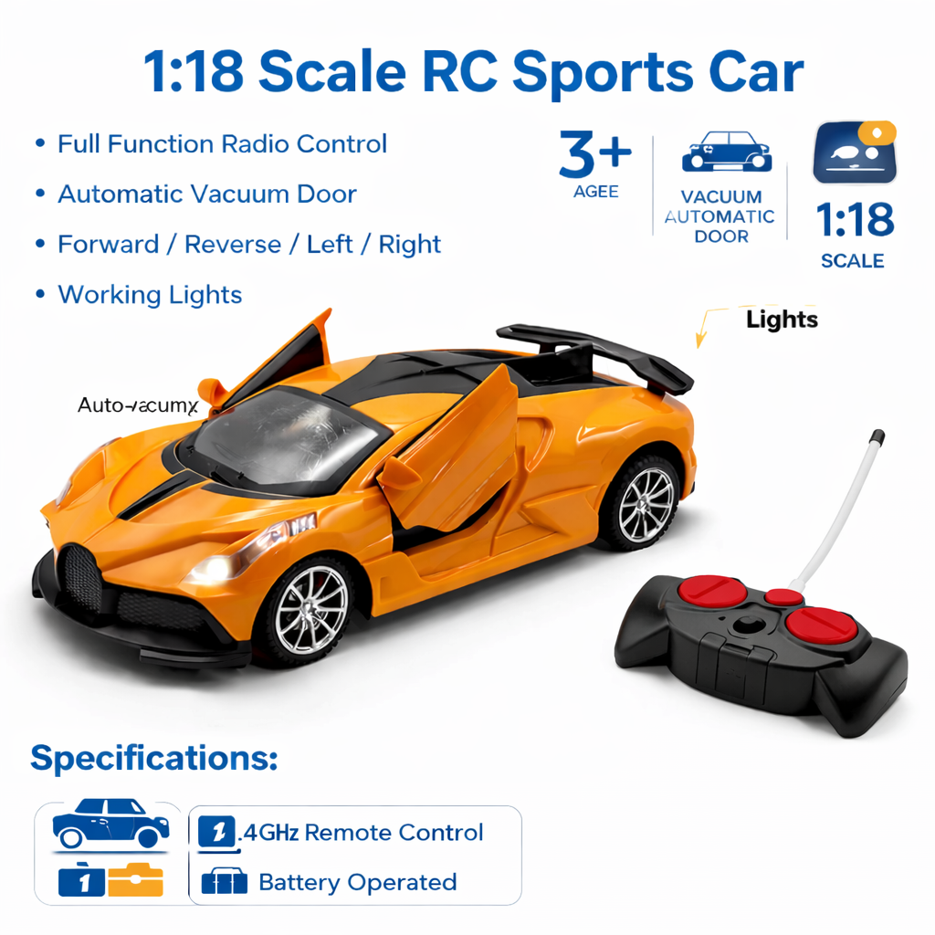 1:18 RC Sports Car with Opening Doors – Remote Control Model Car for Kids with Realistic Design