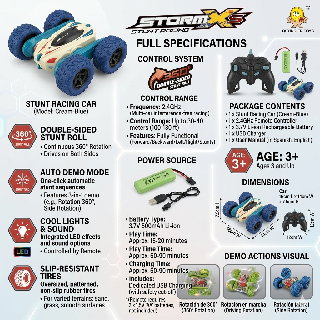 Storm X5 360° Stunt RC Car – 2.4GHz Wireless Double-Sided Racing Car with LED Lights & Rechargeable Battery for Kids