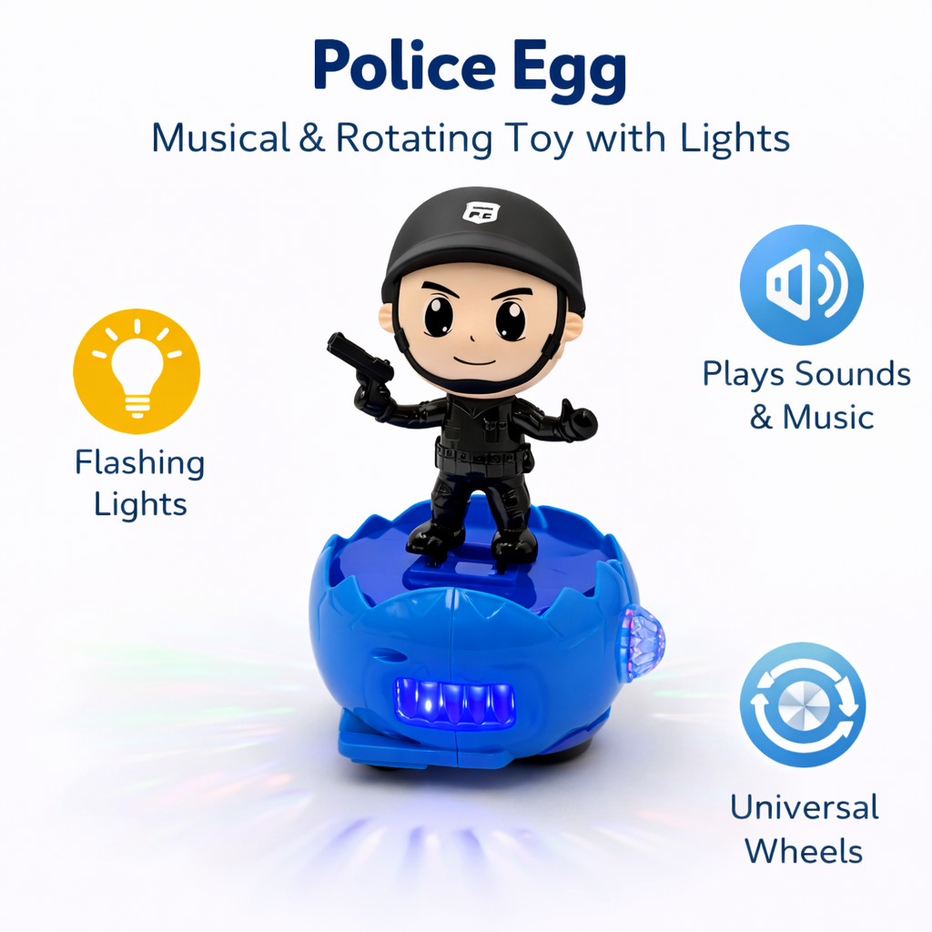 Police Egg Toy with 360° Lights & Music | Rotating Action Police Figure Toy for Kids (3+ Years)