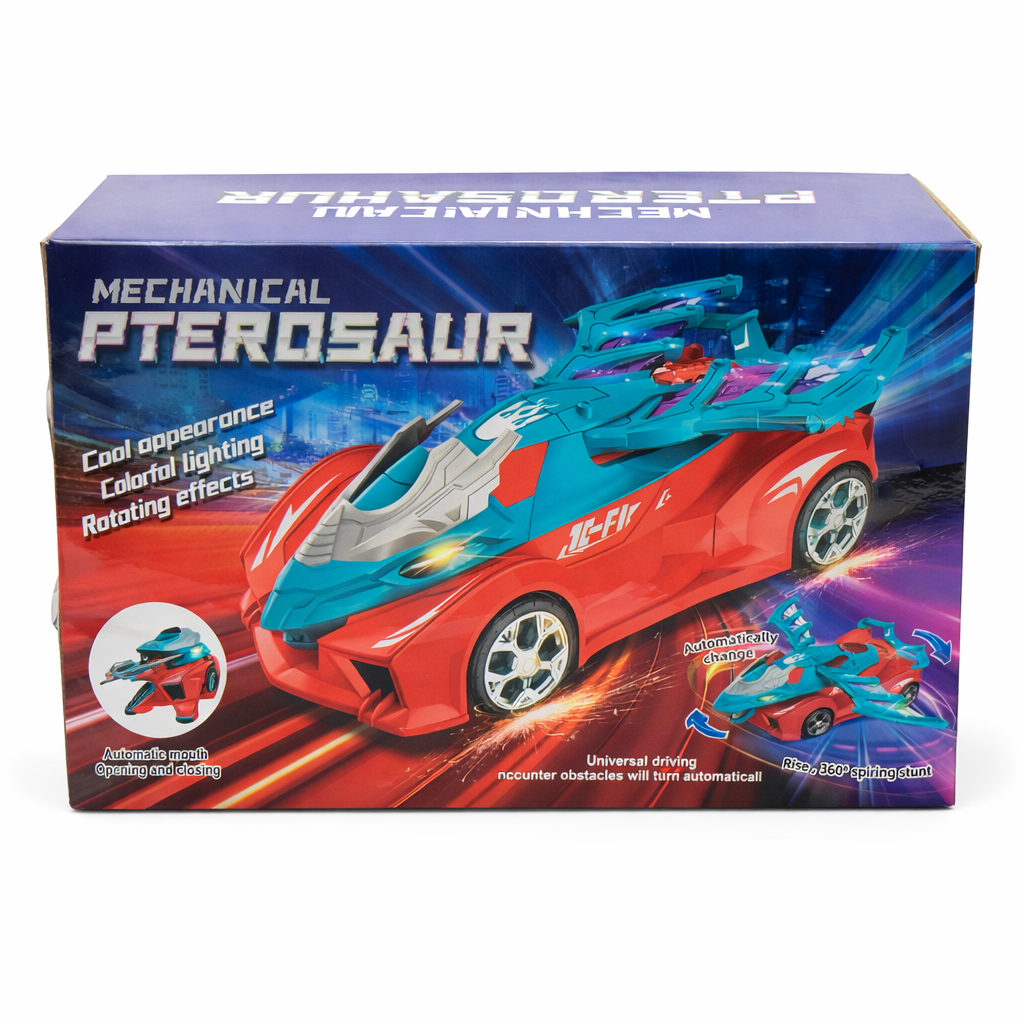 Mechanical Pterosaur Transforming Car Toy with Lights & Sound | 360° Rotating Dinosaur Car with Auto Transformation for Kids
