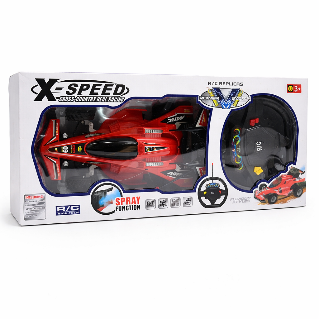 X-Speed RC Formula Racing Car with Spray Function – Steering Wheel Remote Control Car with LED Lights & Rechargeable Battery