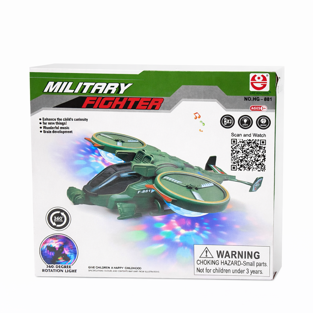 Military Fighter Helicopter Toy with 360° Lights & Music | Automatic Rotating Action Toy for Kids