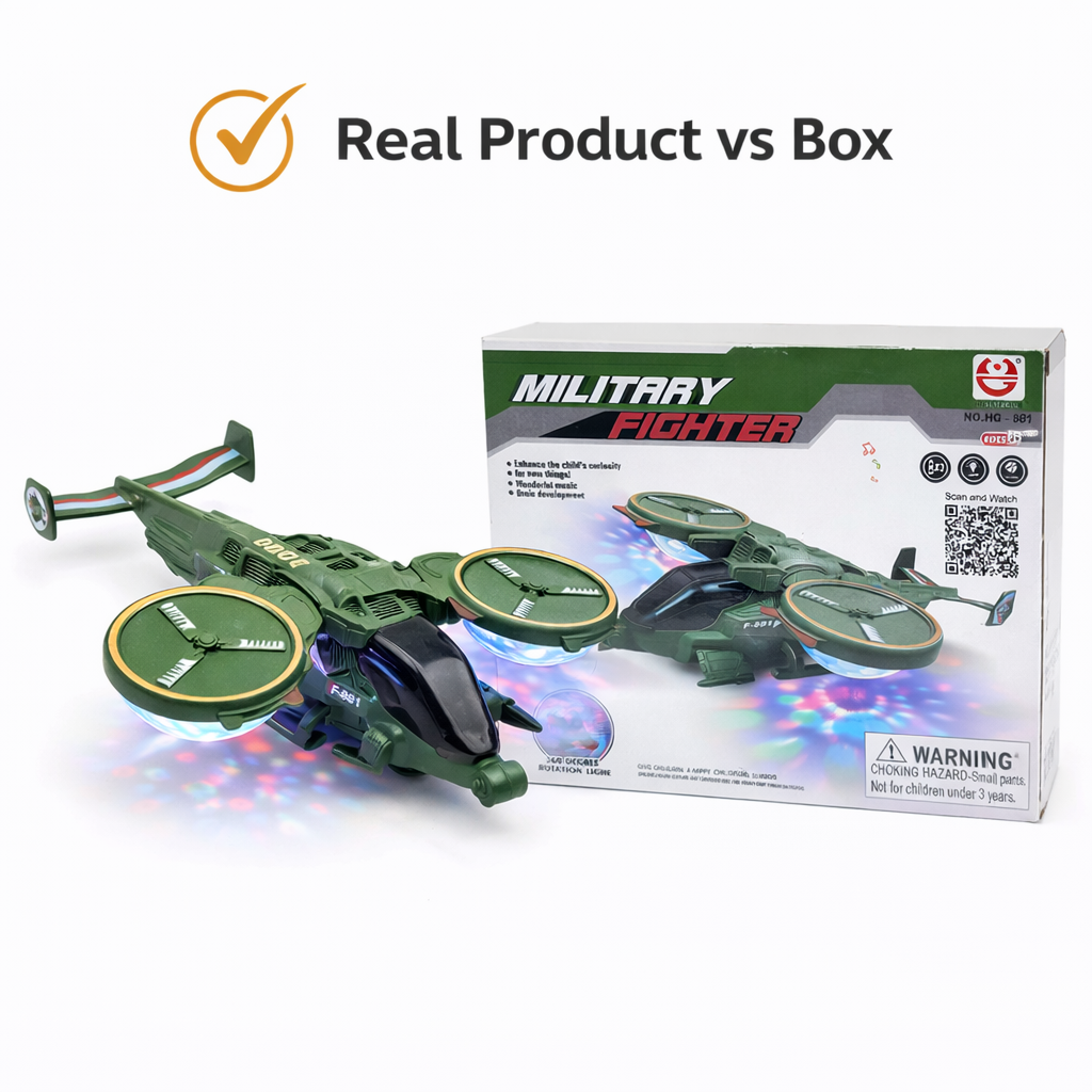 Military Fighter Helicopter Toy with 360° Lights & Music | Automatic Rotating Action Toy for Kids
