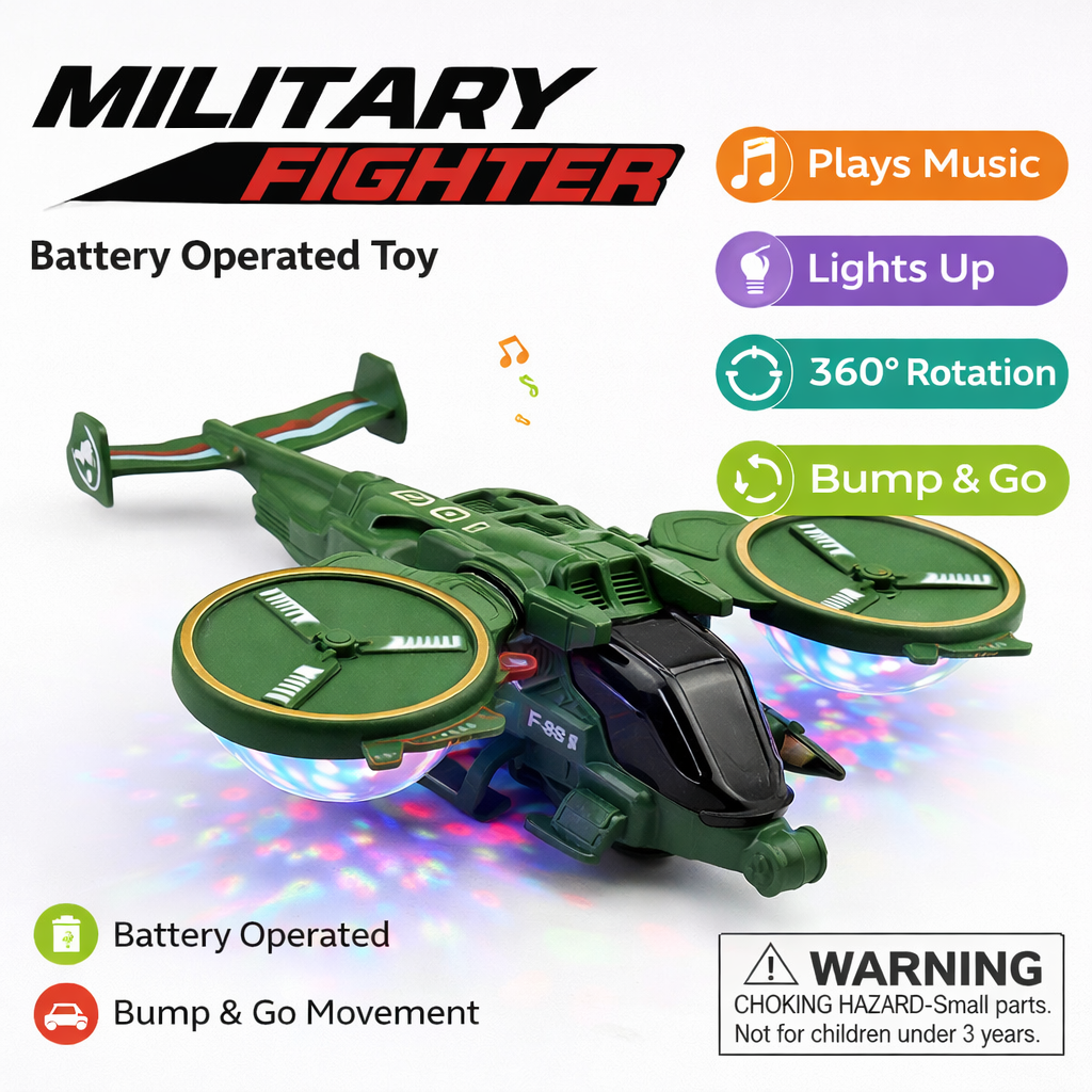 Military Fighter Helicopter Toy with 360° Lights & Music | Automatic Rotating Action Toy for Kids