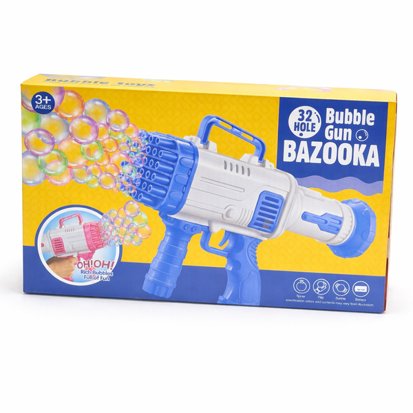 32 Hole Bubble Gun Bazooka for Kids | Automatic Bubble Maker Toy | Includes Bubble Solution Bottles & Tray | Outdoor Fun Toy (Pink & Blue)