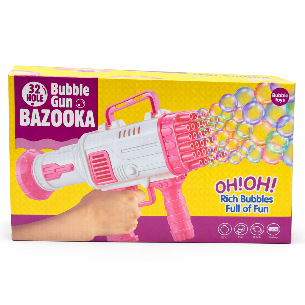 32 Hole Bubble Gun Bazooka for Kids | Automatic Bubble Maker Toy | Includes Bubble Solution Bottles & Tray | Outdoor Fun Toy (Pink & Blue)
