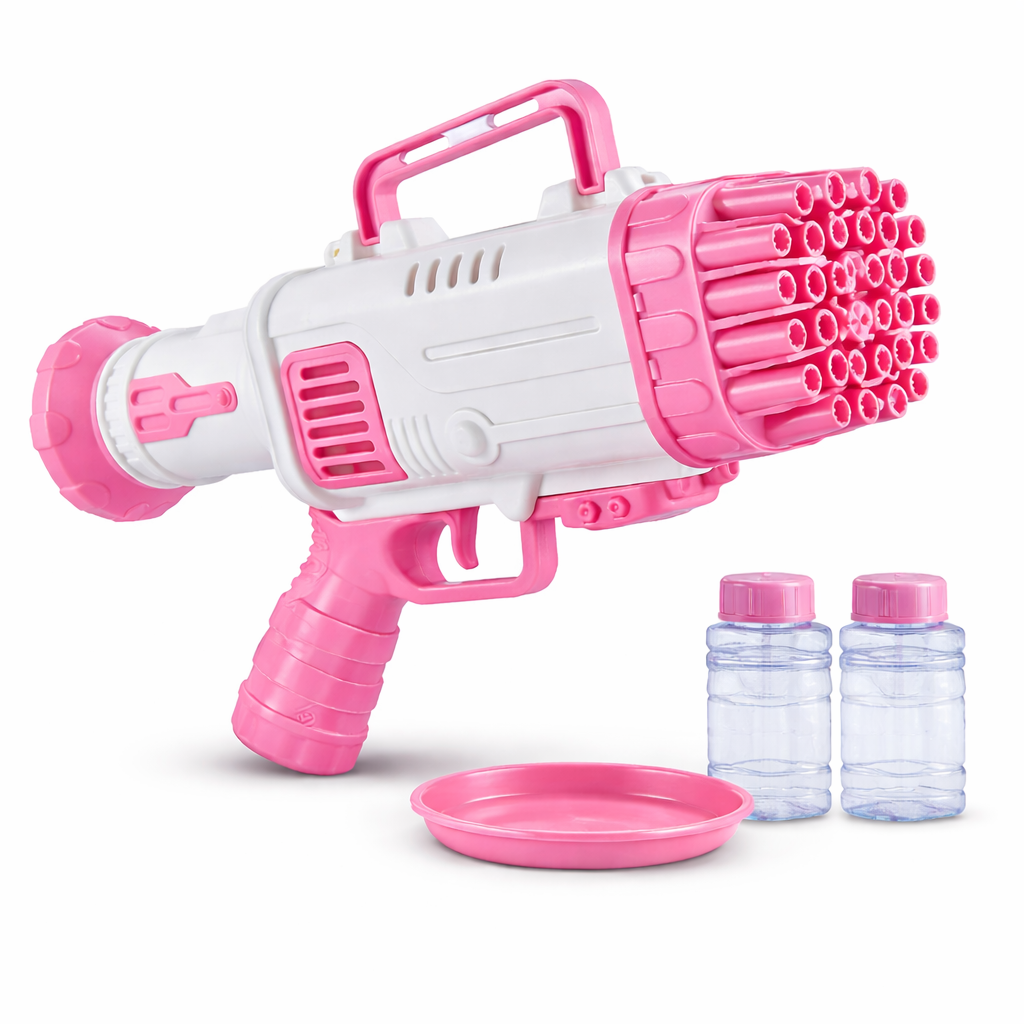 32 Hole Bubble Gun Bazooka for Kids | Automatic Bubble Maker Toy | Includes Bubble Solution Bottles & Tray | Outdoor Fun Toy (Pink & Blue)